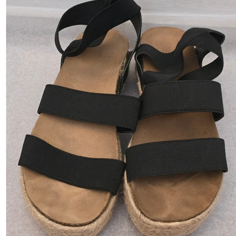 Time and Tru Black Elastic Strap Espadrille Platform Sandals Womens 7